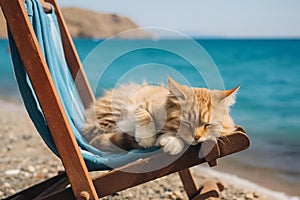 AI generated illustration of a cat napping on a beach chair in the sun