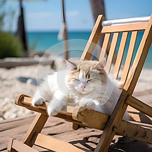 AI generated illustration of a cat napping on a beach chair in the sun