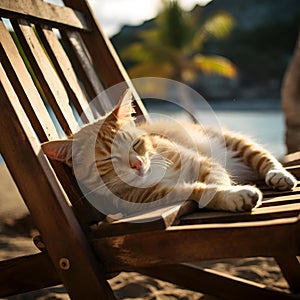 AI generated illustration of a cat napping on a beach chair in the sun