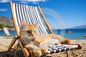 AI generated illustration of a cat napping on a beach chair in the sun