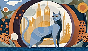 Vygenerované ilustrácie z mačka prenikavý geodetické rušný panoráma mesta mimo 