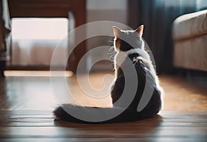 AI-generated illustration of A cat sitting on the floor in front of the door