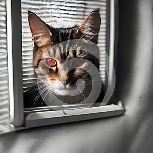 AI generated illustration of cat stares out of a window with bright red eyes