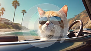 AI-generated illustration of a cat in sunglasses driving a convertible car on a sunny beach.