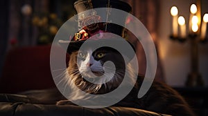 AI generated illustration of a cat wearing a black top hat sitting in a contemplative pose