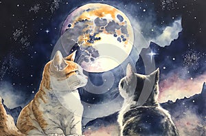 AI-generated illustration of cats looking at the moon.