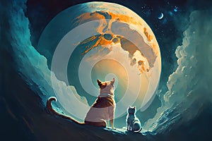 AI-generated illustration of cats looking at the moon.