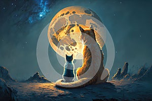 AI-generated illustration of cats looking at the moon.