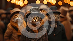 AI generated illustration of cats in various coats and hats, showcasing distinct personalities