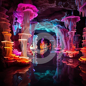 AI generated illustration of a cave illuminated by colorful lights