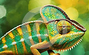 AI generated illustration of a chameleon lizard with head resting on branch