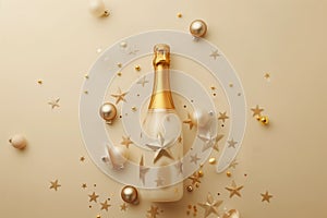 AI generated illustration of a champagne bottle with golden stars