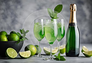 AI generated illustration of champagne glasses, adorned with limes and mints