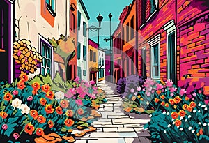 AI generated illustration of a charming narrow street with colorful flowers and a lamp post
