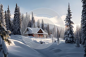 AI generated illustration of a charming rustic log cabin set in winter forest