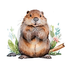 AI generated illustration of a cheerful beaver sitting in a relaxed pose on a white background