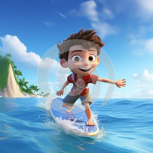 AI generated illustration of a cheerful cartoon boy surfing in the ocean