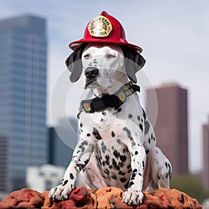 AI generated illustration of A cheerful Dalmatian dog wearing a bright red firefighter's helmet