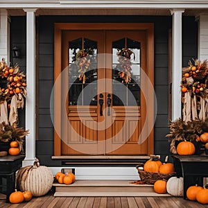 AI generated illustration of A cheerful front porch decorated for the fall season