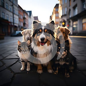 AI generated illustration of A cheerful group of cats and dogs gathered together