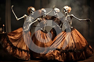 AI generated illustration of cheerful skeleton dancers in vibrant costumes