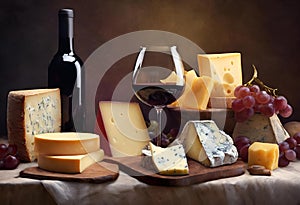 AI generated illustration of cheese, wine, and grapes on a tablecloth with a bottle of red wine