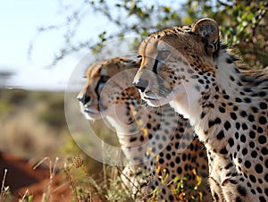 AI generated illustration of cheetahs standing side by side in a grassy savannah