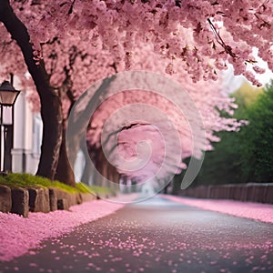 AI generated illustration of cherry blossom petals cover a scenic road