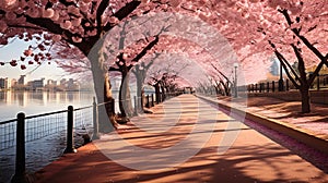 AI generated illustration of cherry trees in bloom along the shoreline, with the city skyline