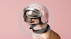 AI-generated illustration of a Chihuahua dog wearing a pink protective helmet and goggles