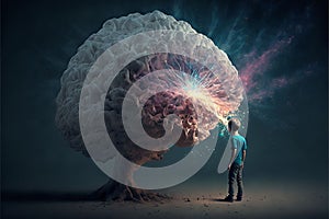 AI generated illustration of a child standing near an illuminated conceptual brain design tree