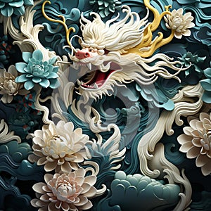 AI generated illustration of a Chinese dragon in beautiful Kranok patterns photo