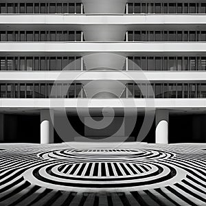 AI generated illustration of a circular-floored building, in grayscale