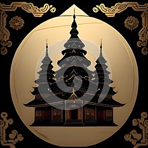 AI generated illustration of a circular frame of Asian structures adorned with golden embellishments