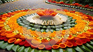 AI-generated illustration of a circular table centerpiece composed of a mix of seasonal fruits