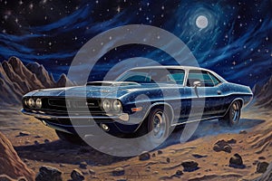 AI generated illustration of a classic blue car on a dusty desert road during the dark night