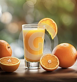 a glass of juice, sliced oranges and one half