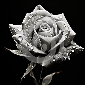 AI generated illustration of a close-up of a black and white rose, with water droplets on its petals