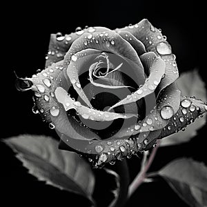 AI generated illustration of a close-up of a black and white rose, with water droplets on its petals