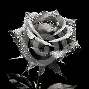 AI generated illustration of a close-up of a black and white rose, with water droplets on its petals