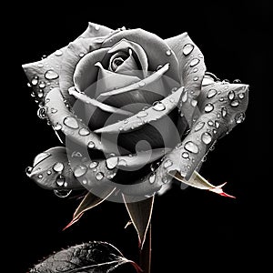 AI generated illustration of a close-up of a black and white rose, with water droplets on its petals