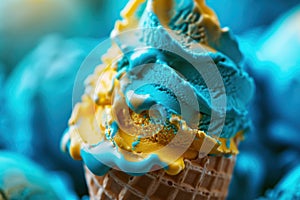 AI generated illustration of a close-up capturing blue and yellow swirled ice cream cone