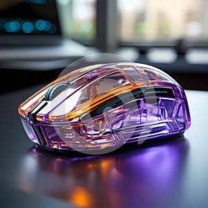 AI generated illustration of a close-up of a computer mouse with a vibrant purple finish