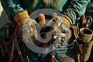 AI-generated illustration of a Close-Up of a Construction Worker's Tool Belt with Various Hand Tools