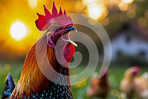 AI generated illustration of a close-up of an expressive rooster with its beak agape