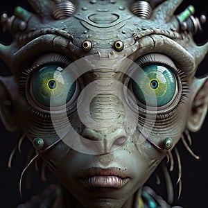 AI generated illustration of a close-up of a fictional alien creature with big eyes