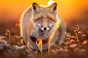 AI generated illustration of a close-up of a fox in a lush green grassy field