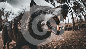 AI generated illustration of a close-up of a gray wolf snarling towards the camera on a cloudy day