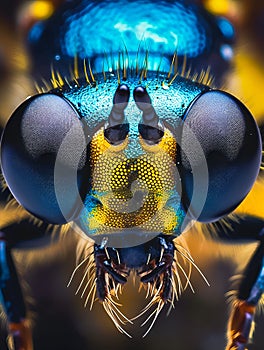 AI generated illustration of Close-up of the head of a small insect with two vibrant blue eyes