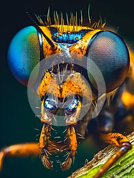 AI generated illustration of Close-up of the head of a small insect with two vibrant blue eyes